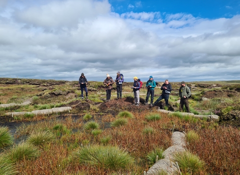 Peatland restoration practitioner students standing looing over a bog pool which is being colonised by cotton grasses, the edges bunded by coir logs.