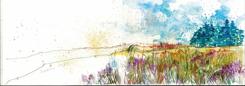A sketchbook showing a colour illustration of moorland with trees in the background