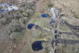 Aerial view of three newly created dragonfly breeding ponds on Swarth Moor raised mire