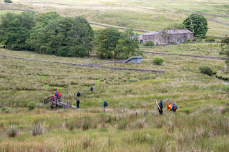 Wide shot of adults walking down peatland to return to Nethergill Farm