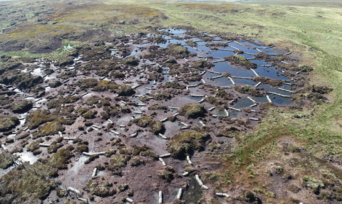 Aerial shot of coir logs forming bunds on areas of bare peat