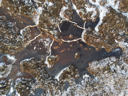 Aerial view of reservoir formed with coir logs on Stake Moss.