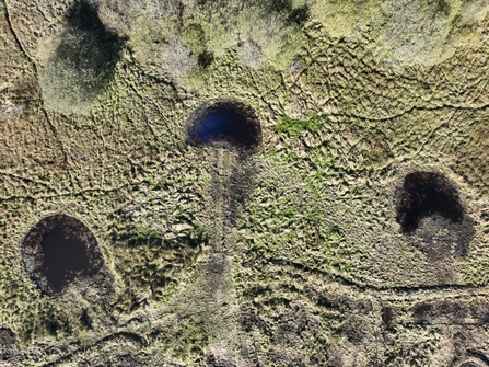 Aerial view of three newly created dragonfly breeding ponds on Swarth Moor raised mire