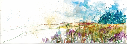 A sketchbook showing a colour illustration of moorland with trees in the background