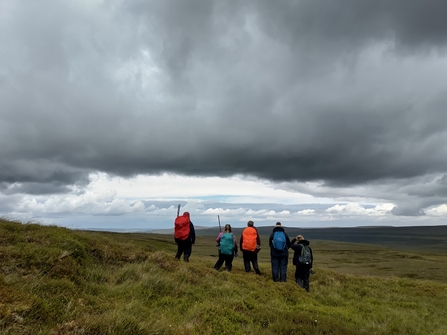 Four people stood on a peatland facing away from the camera to a sky filled with heavy, dark clouds