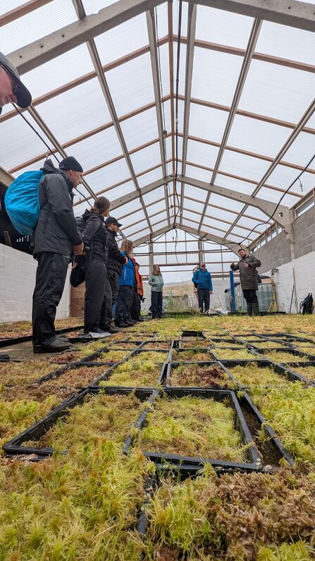 A group of Peatland Practitioner participants in a barn full of trays of sphagnum
