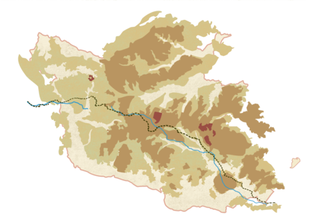 Stylised map of an island showing varied terrain with a dashed line representing a route and a blue line representing a river.