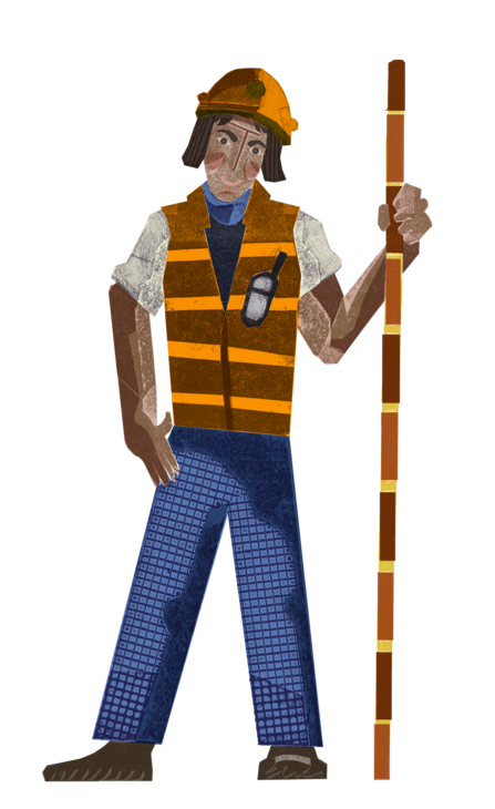 A person in a hard hat and high-visibility vest stands holding a surveying rod.