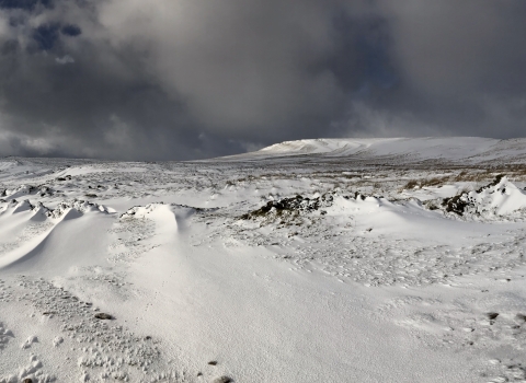 Panoramic view of Wharfedale in the snow.