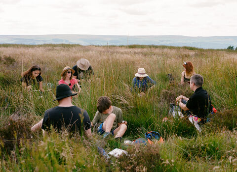 A group people sitting on a peatland, sketching the landscape around them