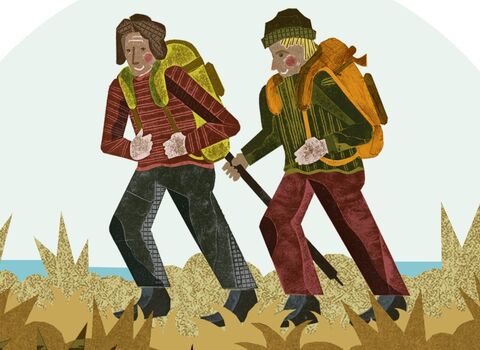 Two hikers with backpacks walk through a textured landscape with layers of earth beneath them.